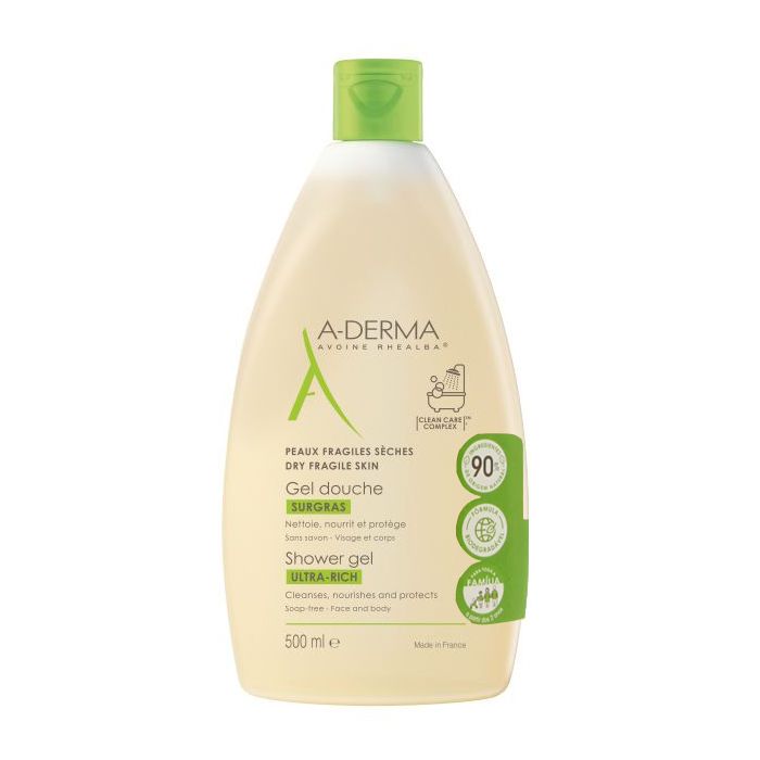 adermagelduche500ml.jpg Bottle of A-Derma Gel Ultra Rich Shower by A-Derma, a shower gel indicated for cleansing and soothing dry skin.
