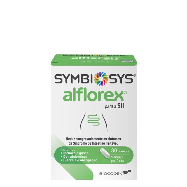 alflorexcapsulas.jpg Box of Symbiosis Alflorex Capsules by Symbiosis, a probiotic supplement indicated for Irritable Bowel Syndrome symptoms.