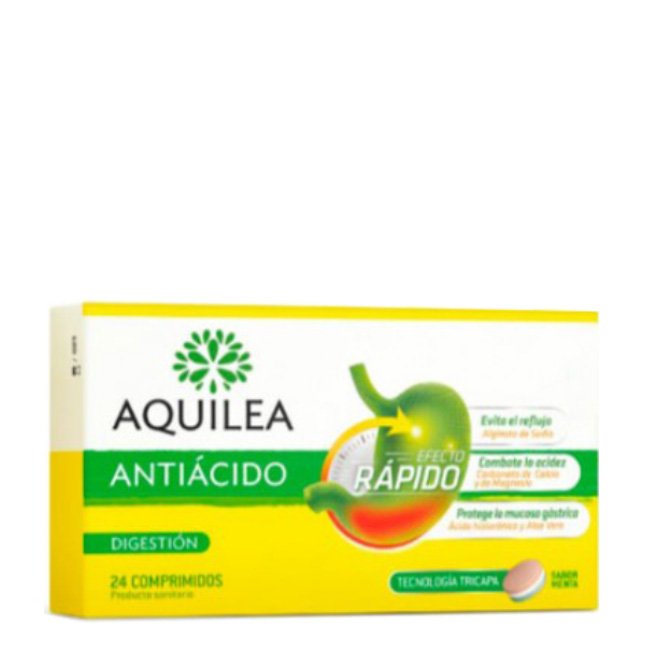 aquilea-antiacido.jpg Box of Aquilea Antacid Tablets by Aquilea, a supplement indicated for the relief of heartburn and acid reflux.