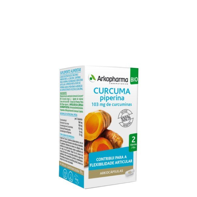 arkocapsulas-curcuma.jpg Box of Arkocápsulas Curcumin BIO Capsules by Arkopharma, a food supplement indicated for improving joint flexibility.