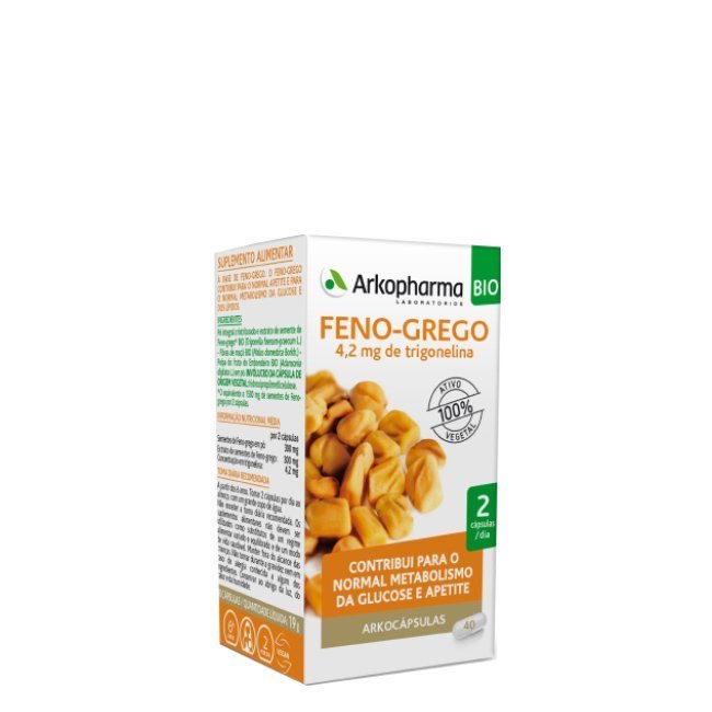 arkocapsulas-feno-grego.jpg Box of Arkocápsulas Fenugreek BIO Capsules by Arkopharma, a capsule supplement indicated for increasing appetite.