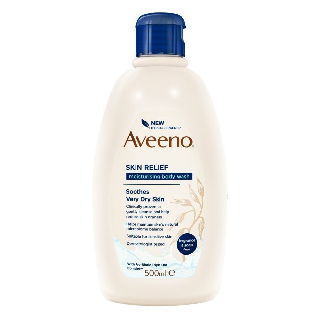 aveenoskinreliefgel.jpg Bottle of Aveeno Skin Relief Shower Gel by Aveeno, a moisturizing shower gel indicated for dry and sensitive skin.