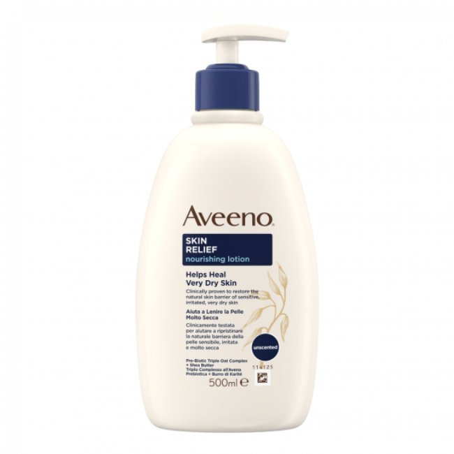 aveenoskinrelieflotion500ml.jpg Bottle of Aveeno Skin Relief Moisturizing Body Lotion by Aveeno, a body lotion indicated for repairing very dry skin.