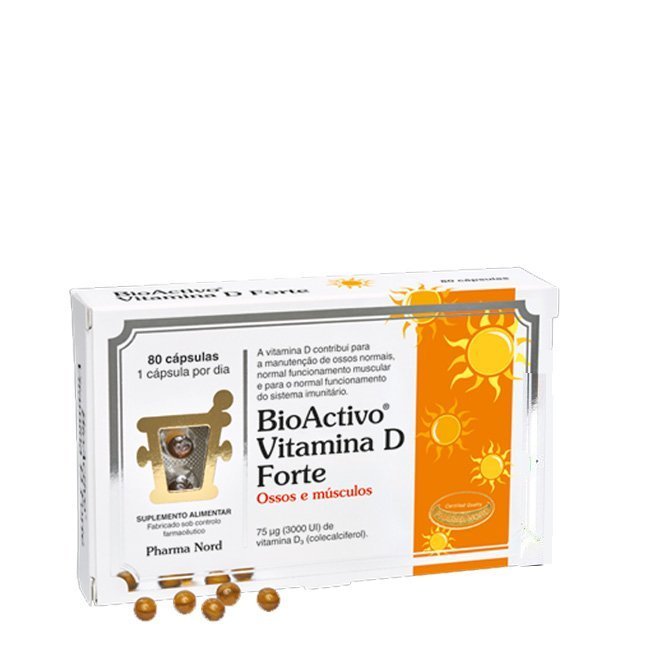 bioactivoforted80un.jpg Box of Bioactivo Vitamin D Strong Capsules by Bioactivo, a dietary supplement indicated for healthy bones and muscles.