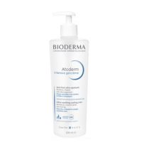 Bottle  of  Bioderma  Atoderm  Intensive  Gel-Cream  Ultra-Soothing  Cooling  Care,  a  gel-cream  indicated  for  moisturizing  itchy  skin.