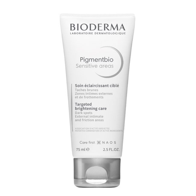 biodermapigmentbiocuidadolocal.jpg Tube of Bioderma Pigmentbio Sensitive Areas Care by Bioderma, a whitening cream indicated for hyperpigmentation of intimate areas.