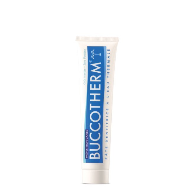 buccothermprevencaocaries.jpg Tube of Buccotherm Caries Prevention Toothpaste by Buccotherm, a toothpaste indicated for plaque prevention and cavity protection.
