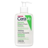 Bottle  of  Cerave  Hydrating  Cream-to-Foam  Cleanser  by  Cerave,  a  cream  oil  cleanser  indicated  for  moisturizing  and  purifying  skin.