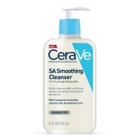 Bottle  of  Cerave  SA  Smoothing  Cleanser  by  Cerave,  a  cleansing  gel  indicated  for  exfoliating  and  refining  skin  texture.