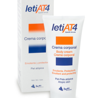 Bottle  of  Leti  AT  4  Atopic  Skin  Body  Cream  by  Leti,  a  moisturizing  cream  indicated  for  dry  and  atopic  skin  in  babies  and  adults.