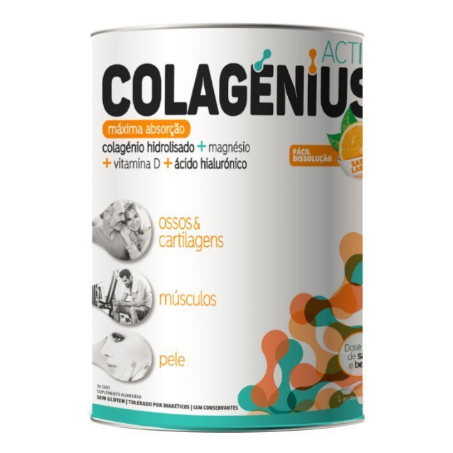 colageniusactivelaranjapo.jpg Jar of Collagen Active Orange Powder by Collagen Active, a powder supplement indicated for the health of skin, bones and muscles.