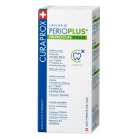 Bottle  of  Curaprox  Perio  Plus  Protect  Mouthwash  by  Curaprox,  an  elixir  indicated  for  gum  hygiene  and  combating  bacterial  growth.