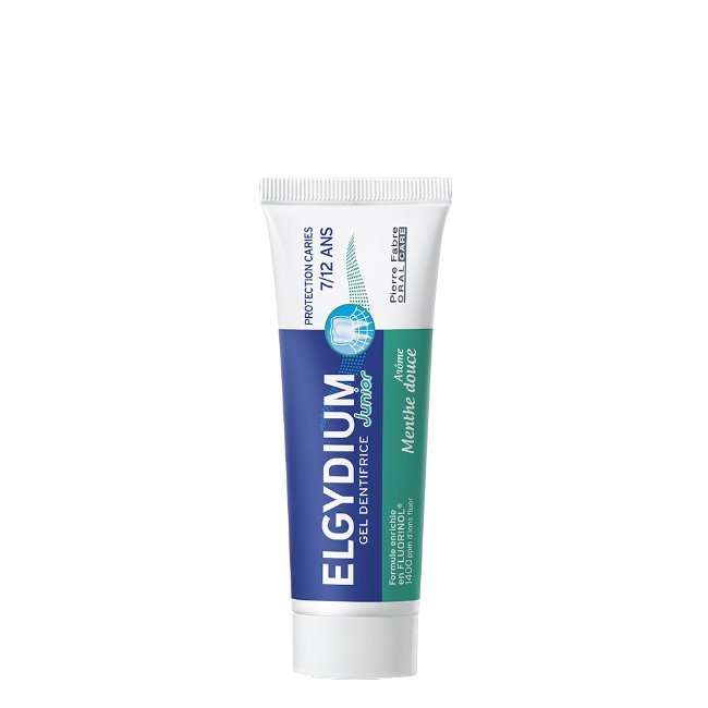 elgydiumjuniormentasuave50ml.jpg Tube of Elgydium Junior Toothpaste Gel Soft Mint by Elgydium, a toothpaste gel indicated for preventing cavities in children.