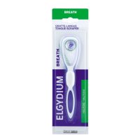 Product  container  of  Elgydium  Breath  Tongue  Scraper  by  Elgydium,  a  scraper  indicated  for  eliminating  tongue  bacteria  and  bad  breath.