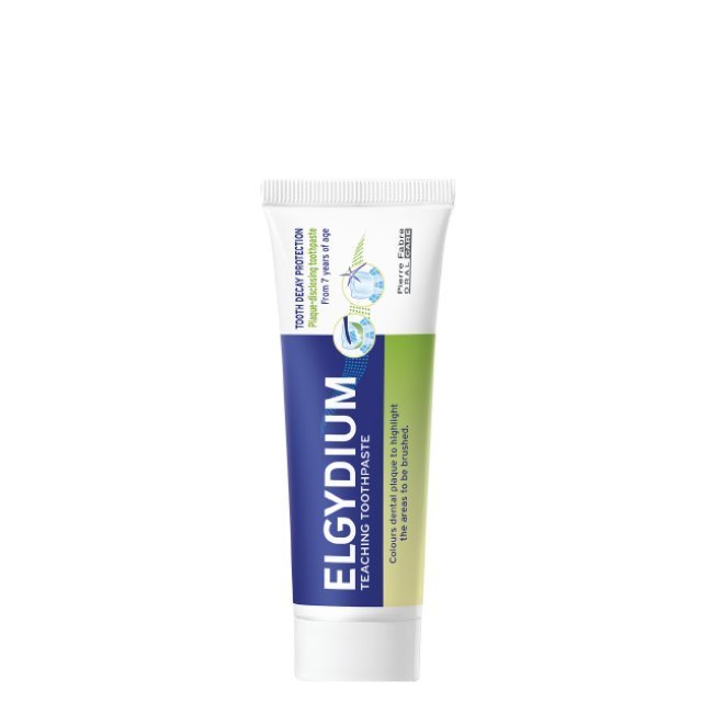 elgydiumreveladorplaca50ml.jpg Tube of Elgydium Educational Toothpaste by Elgydium, a plaque revealing gel indicated for improving brushing technique.