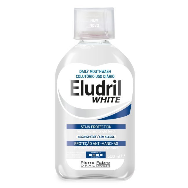 eludrilwhite500ml.jpg Bottle of Eludril White Elixir Whitening by Eludril, a mouthwash indicated for whitening teeth and reinforcing daily oral hygiene.