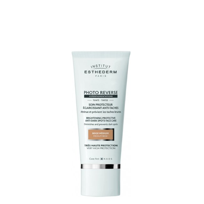 esthedermsolairephotoreverseteint50ml.jpg Tube of Esthederm Photo Reverse Brightening Protective by Esthederm, a tinted cream indicated for fading spots.