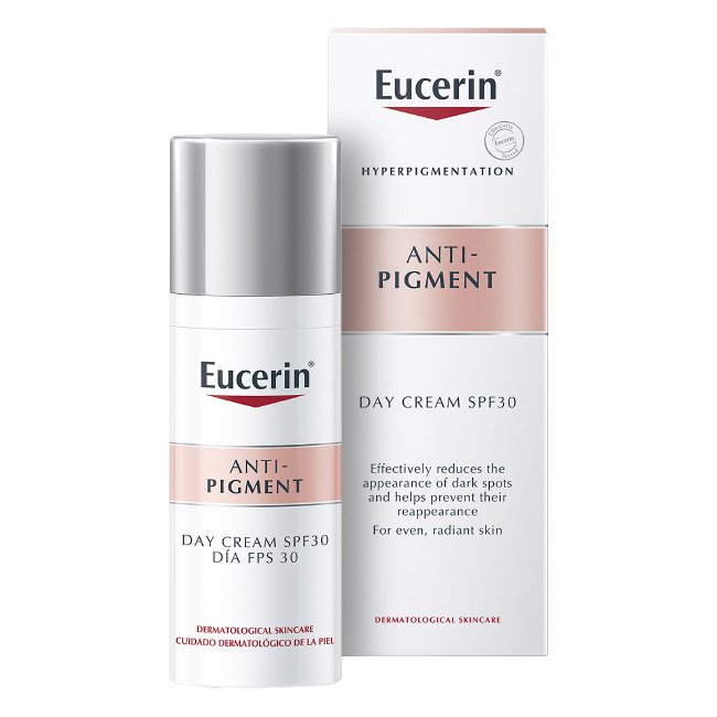 eucerinantipigmentcremedia.jpg Product container of Anti-Pigment Day Cream SPF30 by Eucerin, a day cream indicated for moisturizing and reducing dark spots.