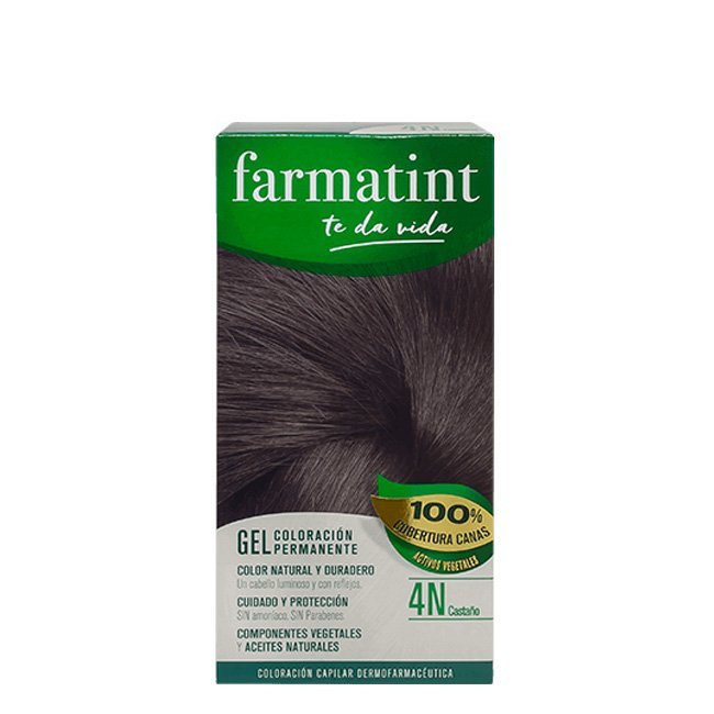 farmatintgelcolor4n.jpg Box of Farmatint Permanent Gel Hair Color 4N Chestnut by Farmatint, a permanent gel indicated for chestnut hair color.