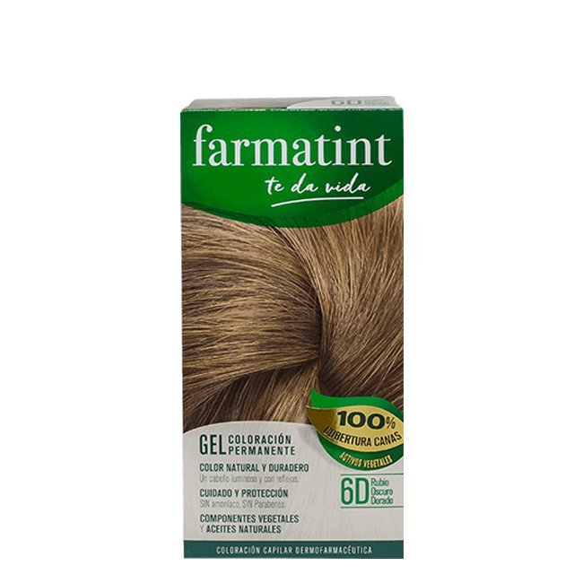 farmatintgelcolor6d.jpg Box of Farmatint Permanent Gel Hair Color 6D Dark Golden Blonde by Farmatint, a permanent gel indicated for golden blonde hair.