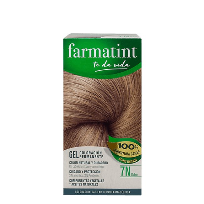 farmatintgelcolor7n.jpg Box of Farmatint Permanent Gel Hair Color 7N Blonde by Farmatint, a permanent gel indicated for blonde hair color.