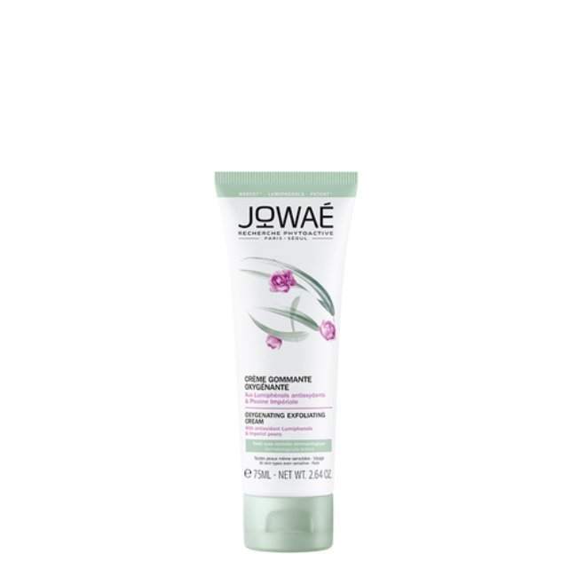 jowaepeoniaimperialcremeesfolianteoxigenante.jpg Tube of Jowaé Imperial Peony Exfoliating Oxygenating Cream by Jowaé, a cream indicated for exfoliating and detoxifying the skin.