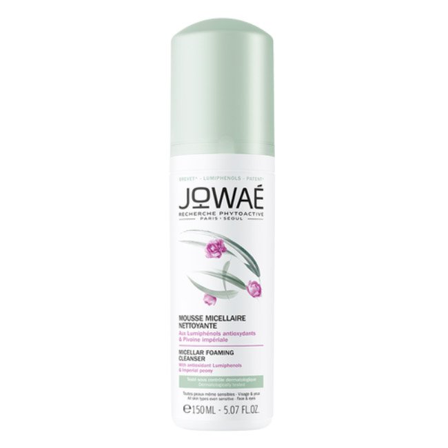 jowaepeoniaimperialmoussemicelar.jpg Bottle of Jowaé Micellar Foaming Cleanser by Jowaé, a mousse texture cleanser indicated for removing makeup and purifying skin.
