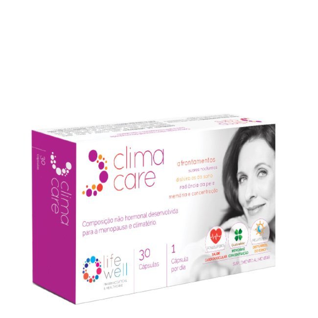 lifewell-climacare.jpg Box of Climacare Capsules by Climacare, a dietary supplement indicated for reducing menopause symptoms and hot flashes.