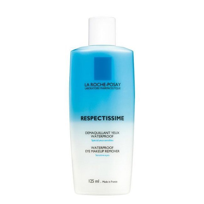 lrprespectissimewaterproofmakeupremover.jpg Bottle of Respectissime Waterproof Eye Make-Up Remover by La Roche Posay, a bi-phased liquid indicated for removing waterproof makeup.