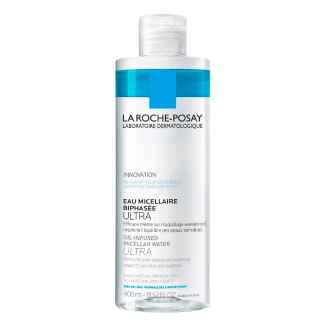 lrpultraaguamicelarbifasica.jpg Bottle of La Roche Posay Ultra Oil-Infused Micellar Water by La Roche Posay, a biphasic solution indicated for purifying the skin.
