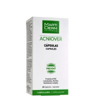 Box  of  Martiderm  Acniover  Anti-Acne  Capsules  by  Martiderm,  a  food  supplement  indicated  for  treating  and  preventing  acne.