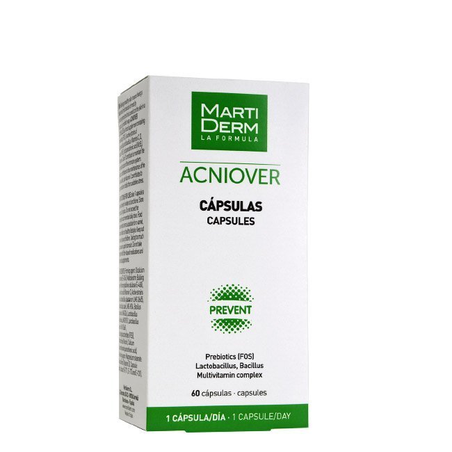 martidermacniovercapsulas.jpg Box of Martiderm Acniover Anti-Acne Capsules by Martiderm, a food supplement indicated for treating and preventing acne.