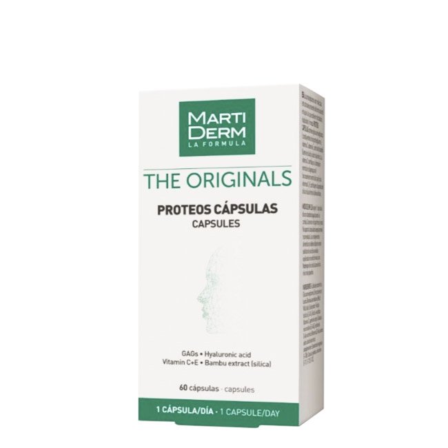 martidermproteoscapsulas.jpg Box of Martiderm The Originals Capsules by Martiderm, a food supplement indicated for skin hydration and natural firmness.