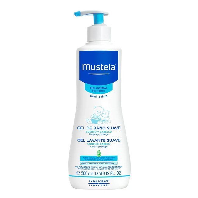 msutela-gel-lavante-500ml.jpg Bottle of Mustela Dermo Cleansing gel by Mustela, a soap free gel indicated for cleansing baby body and scalp.