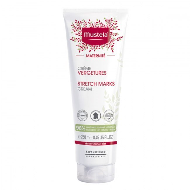mustelamaternidadecremeestrias250.jpg Tube of Mustela Stretch Marks Cream by Mustela, a preventive cream indicated for stretch marks during pregnancy.