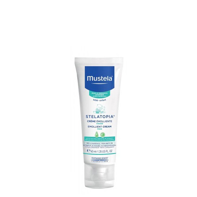 mustelastelatopiacreme.jpg Tube of Mustela Stelatopia Face Cream by Mustela, an emollient cream indicated for soothing sensitive baby skin.