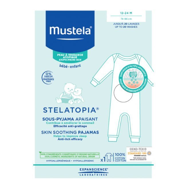mustelastelatopiapijamacalmante12-24.jpg Product container of Mustela Stelatopia Baby Soothing Pajamas by Mustela, a cotton garment indicated for atopic skin.