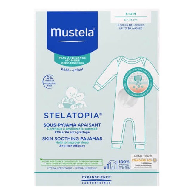 mustelastelatopiapijamacalmante6-12.jpg Product container of Mustela Stelatopia Baby Pajamas Soothing by Mustela, a cotton garment indicated for atopic skin.
