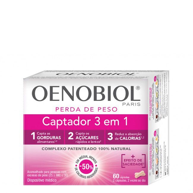 oenobiolcaptador3em1_68723 Box of Oenobiol Weight Loss 3 in 1 by Oenobiol, a food supplement in capsules indicated for natural weight loss.