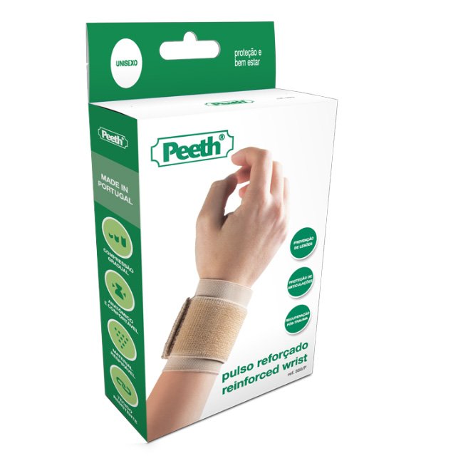 peeth-pulso-reforcado-medio.jpg Product container of Peeth Reinforced Elastic Wrist Medium Beige by Peeth, a wrist support indicated for muscle injuries.