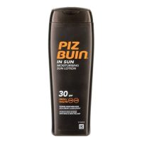 Bottle  of  Piz  Buin  In  Sun  SPF30  Moisturizing  Lotion  by  Piz  Buin,  a  sun  lotion  indicated  for  skin  hydration  and  UV  protection.