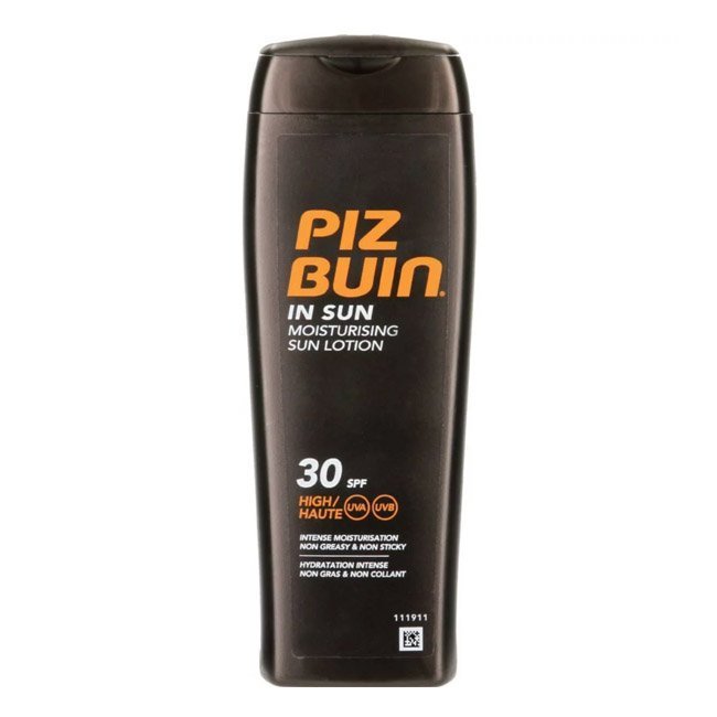 pizbuininsunspf30.jpg Bottle of Piz Buin In Sun SPF30 Moisturizing Lotion by Piz Buin, a sun lotion indicated for skin hydration and UV protection.