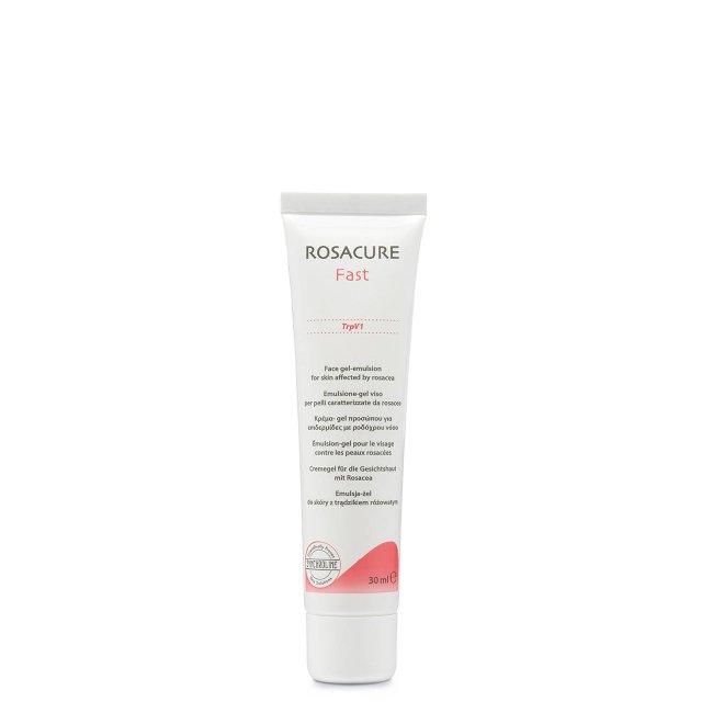 rosacurefast_30ml.jpg Tube of Rosacure Fast Face Gel-Emulsion by Rosacure, a gel-emulsion indicated for reducing the acute phase of rosacea.