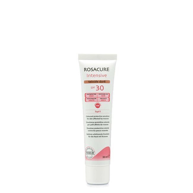 rosacureintensivespf30_dore_30ml.jpg Tube of Rosacure Intensive Colored Protective Emulsion by Rosacure, a tinted emulsion indicated for covering rosacea signs.