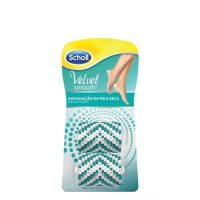 Product  container  of  Dr.  Scholl  Velvet  Smooth  Refills  by  Dr.  Scholl,  exfoliating  brushes  indicated  for  removing  dead  skin.