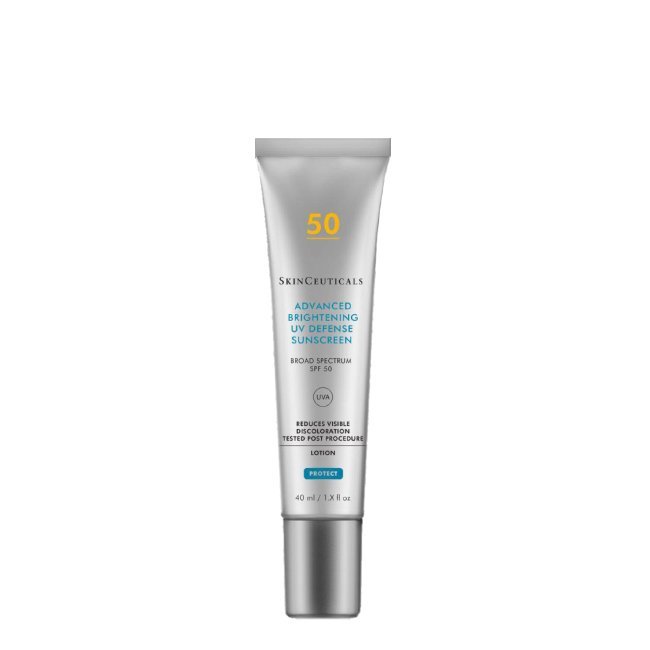 skinceuticalsadvancedbrightninguvdefense.jpg Bottle of SkinCeuticals Advanced Brightening UV Defense Sunscreen SPF50 by SkinCeuticals, a fluid lotion indicated for hyperpigmentation.