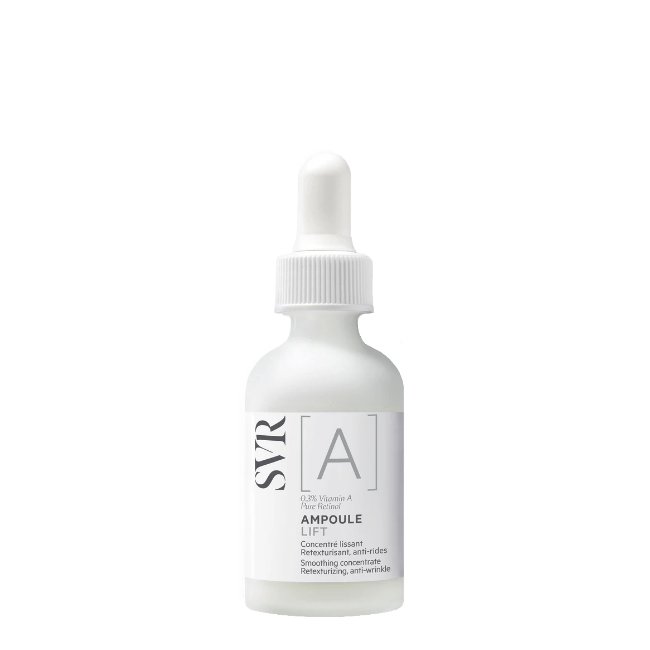 svralift.jpg Product container of SVR A Ampoule Lift Smoothing Concentrate by SVR, a milky concentrate indicated for smoothing skin irregularities.