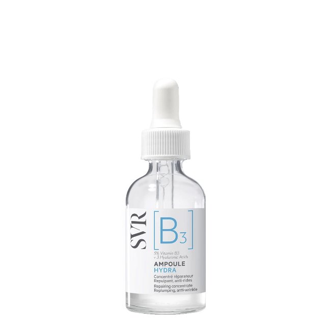 svrb3hydra.jpg Product container of SVR B3 Ampoule Hydra Repairing Concentrate by SVR, a melting concentrate indicated for deep skin hydration.