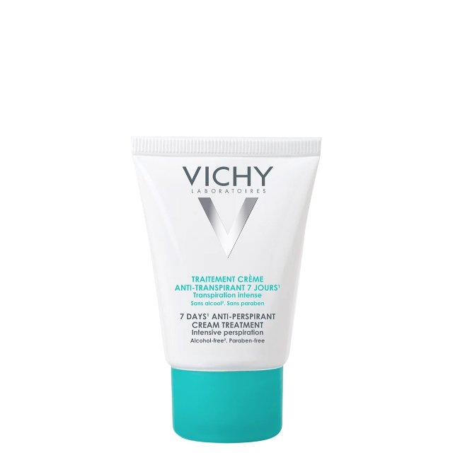 vichydeotranspiracaointensacreme.jpg Tube of Vichy Deodorant 7 Days Anti-Perspirant Cream by Vichy, a treatment cream indicated for reducing intense sweating.