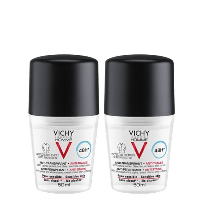 vichyhommeduodeoantimanchas48h.jpg Box of Vichy Homme Duo 48h Roll-On Anti-Perspirant Deodorant Anti-Stains by Vichy, a roll-on indicated for 48h antiperspirant protection.
